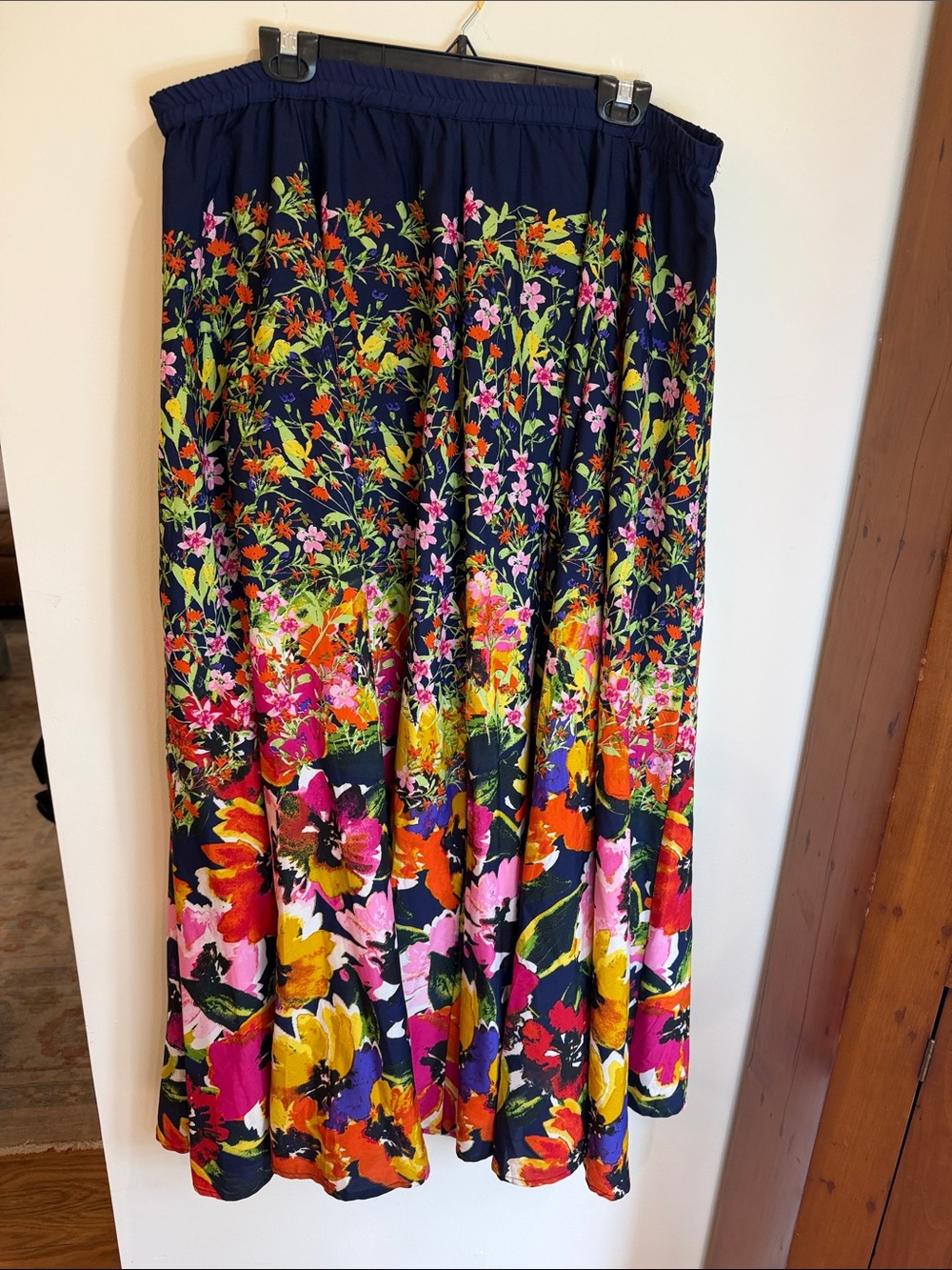 Cupio Navy Floral Maxi Skirt with Bright Multi-Color Floral Blooms, XL